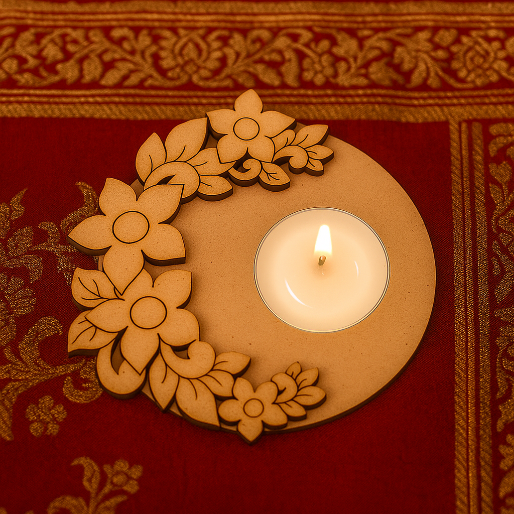 MDF tealight candle holder with a lit candle on a red fabric background