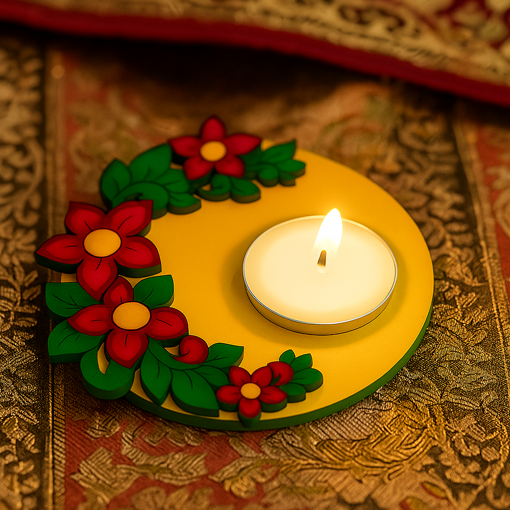 MDF tealight candle holder with flowers on a patterned fabric background