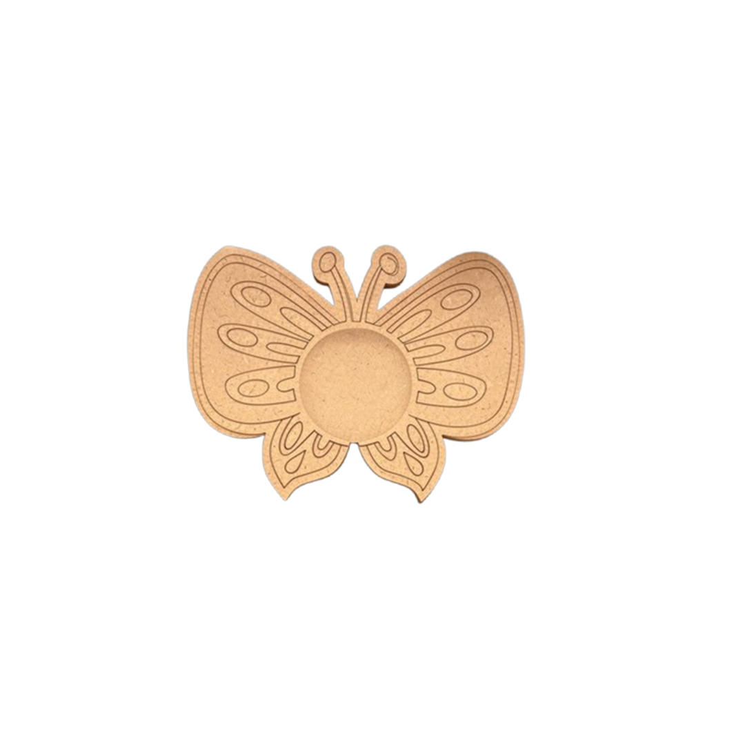 Butterfly-shaped mdf tealght holder cutout on a white background