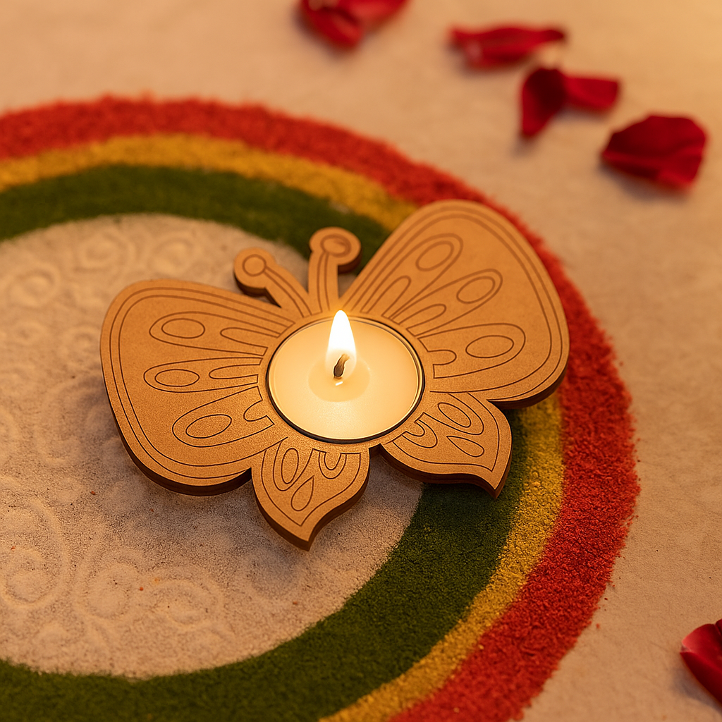 Butterfly-shaped candle holder in mdf with a flame on a colorful sand-like surface