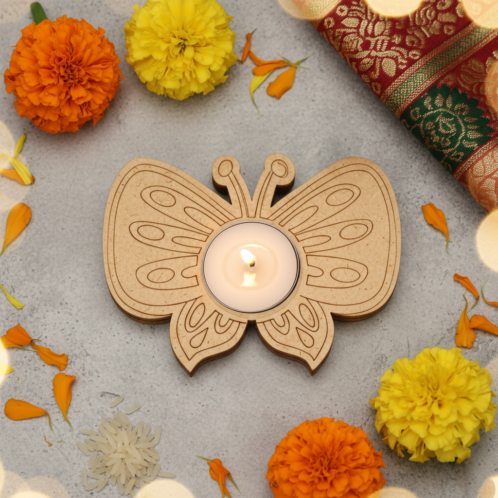 Butterfly-shaped mdf candle holder with a lit candle, surrounded by orange and yellow flowers on a light gray background.