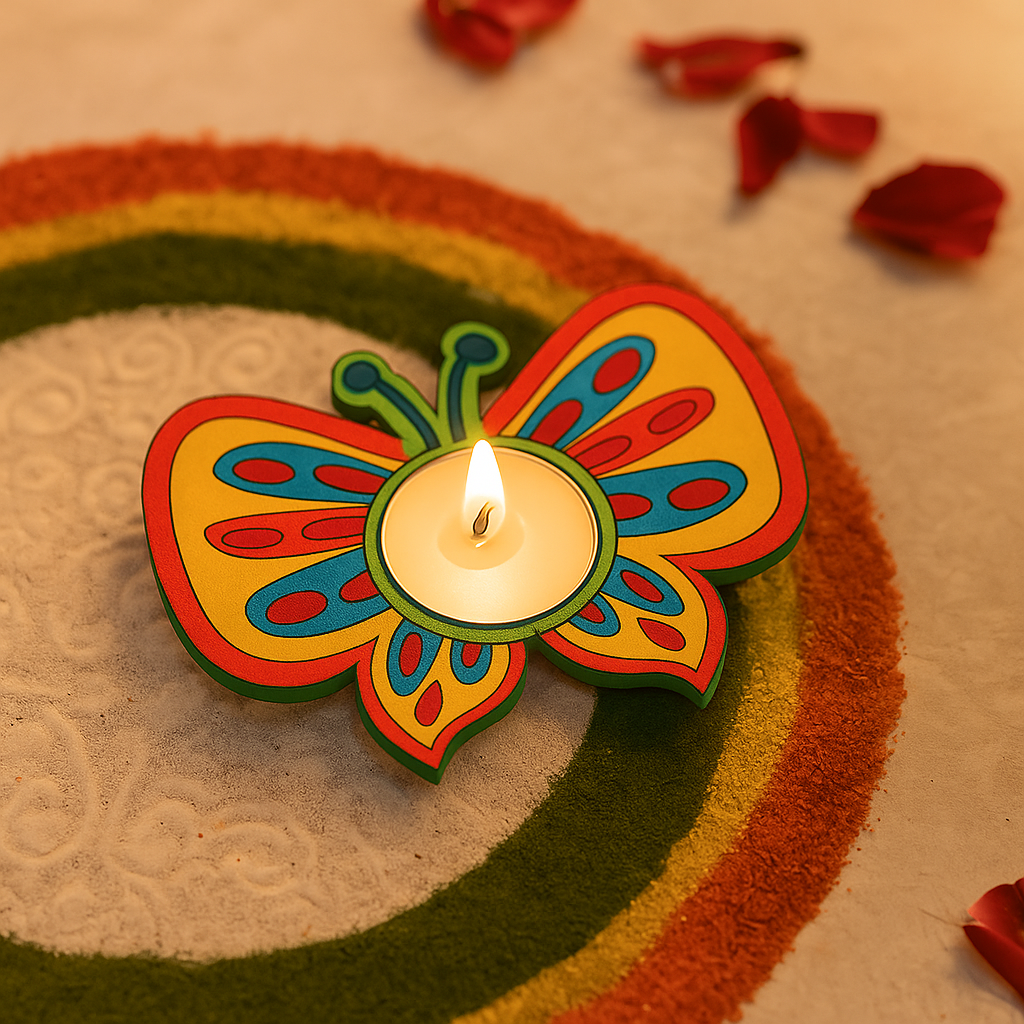 Butterfly-shaped mdf candle holder with a lit candle on a decorative surface.