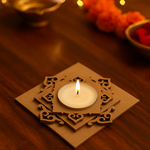 Decorative candle holder with a lit candle on a wooden surface