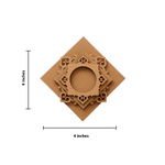 Decorative brown mdf square tealight candle holder with cut-out patterns and dimensions on a white background
