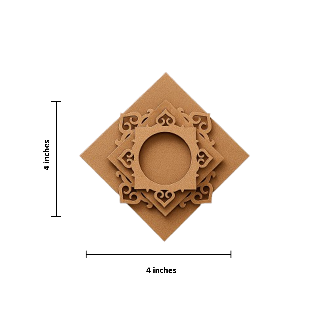 Decorative brown mdf square tealight candle holder with cut-out patterns and dimensions on a white background