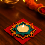 Decorative mdf candle holder with a lit candle on a wooden surface