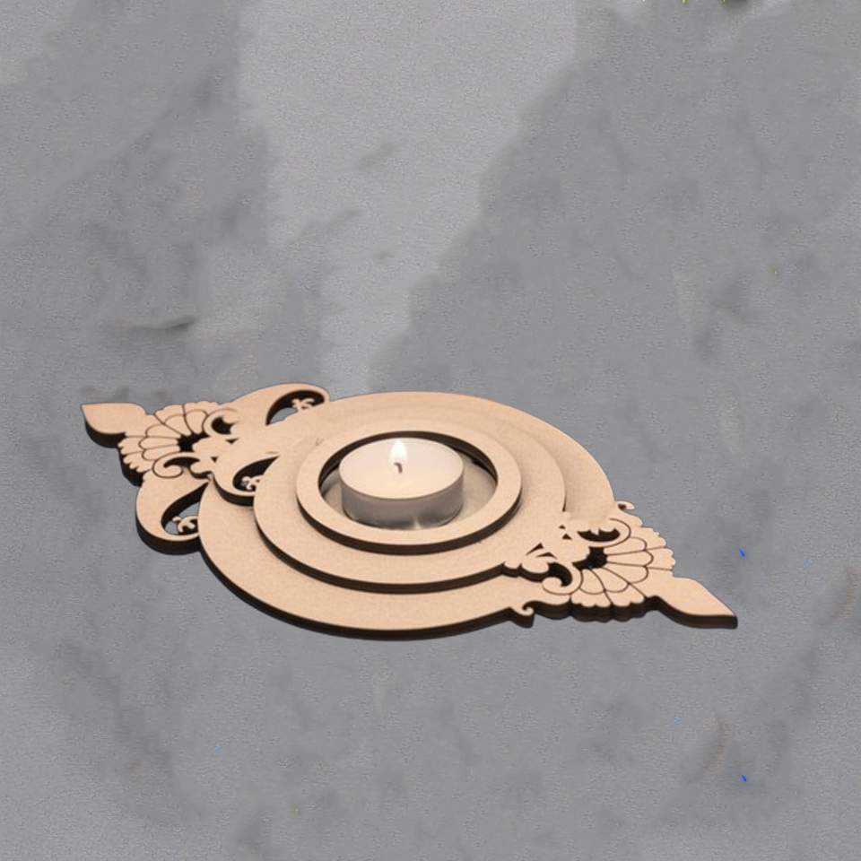 Premarked circular MDF tealight candle holder with royal crown-style edges and lit candle placed on grey background