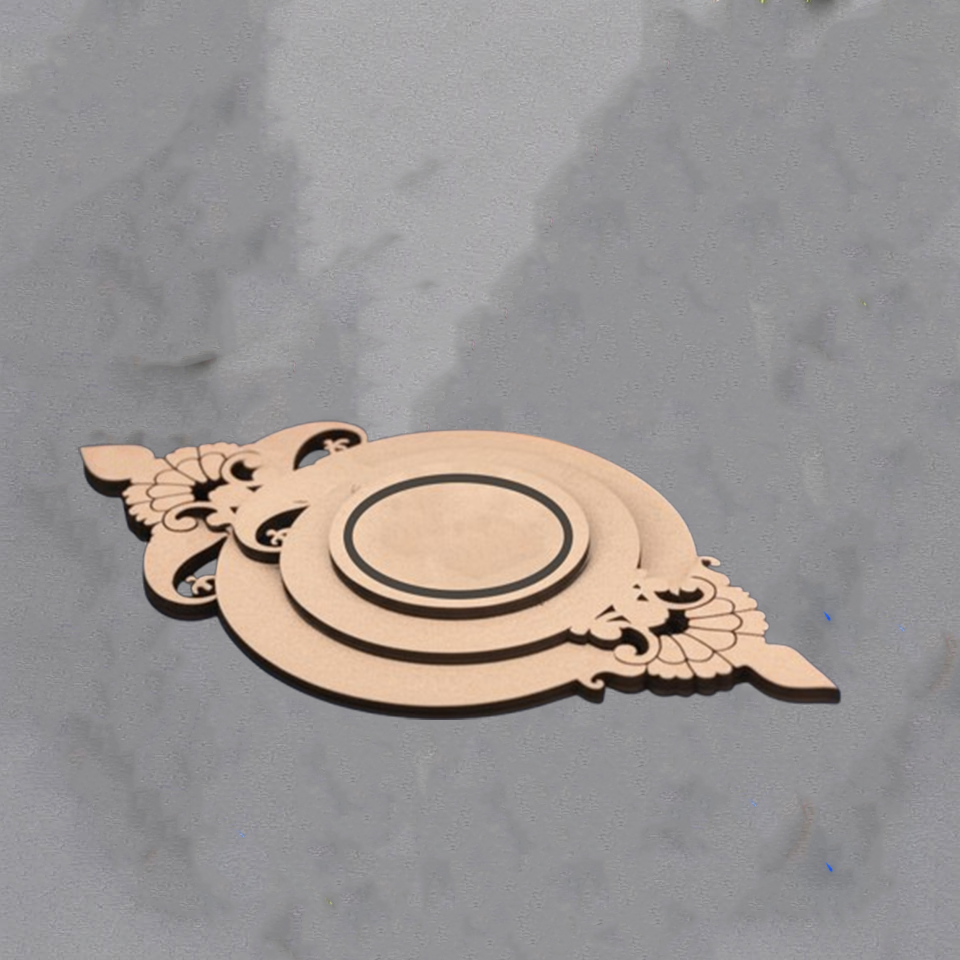 Unpainted MDF crowned circle tealight holder with premarked detailing, ready for DIY decoration on a grey surface