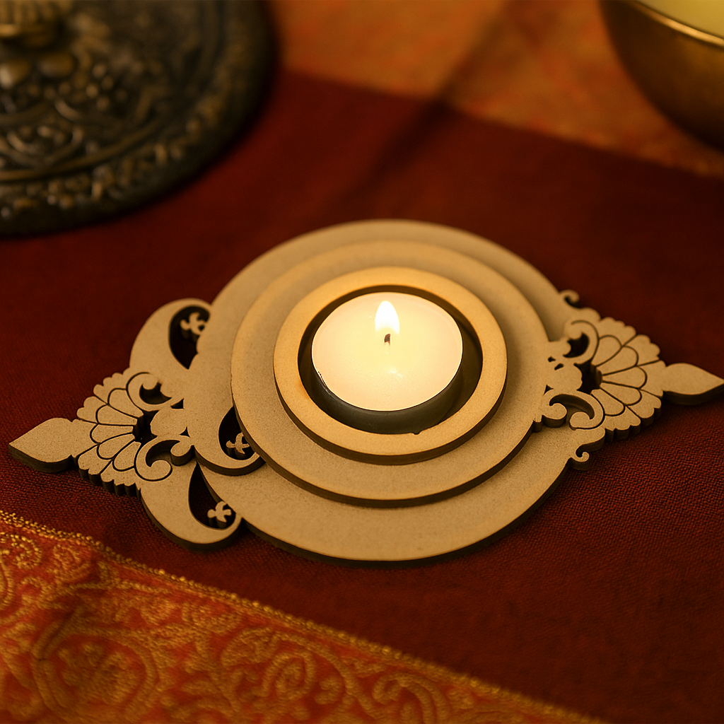 Decorative mdf candle holder with intricate designs on a warm-toned surface