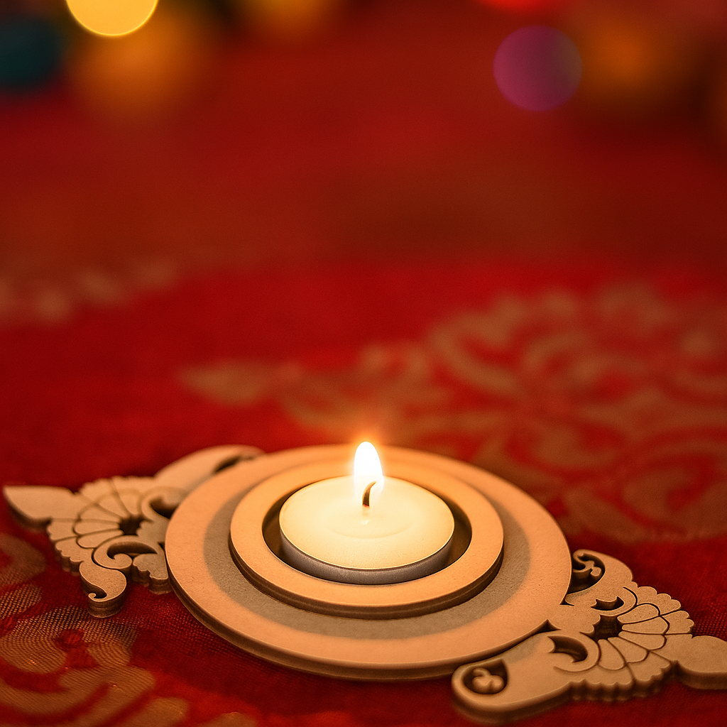 Decorative mdf candle holder with a lit candle on a red fabric background