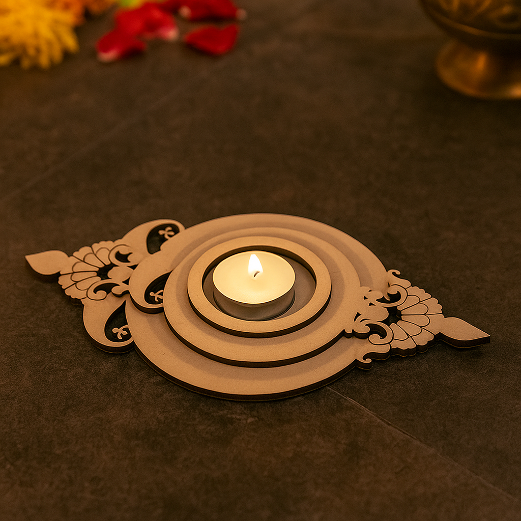 Decorative mdf tealight candle holder diya with a lit candle on a dark surface