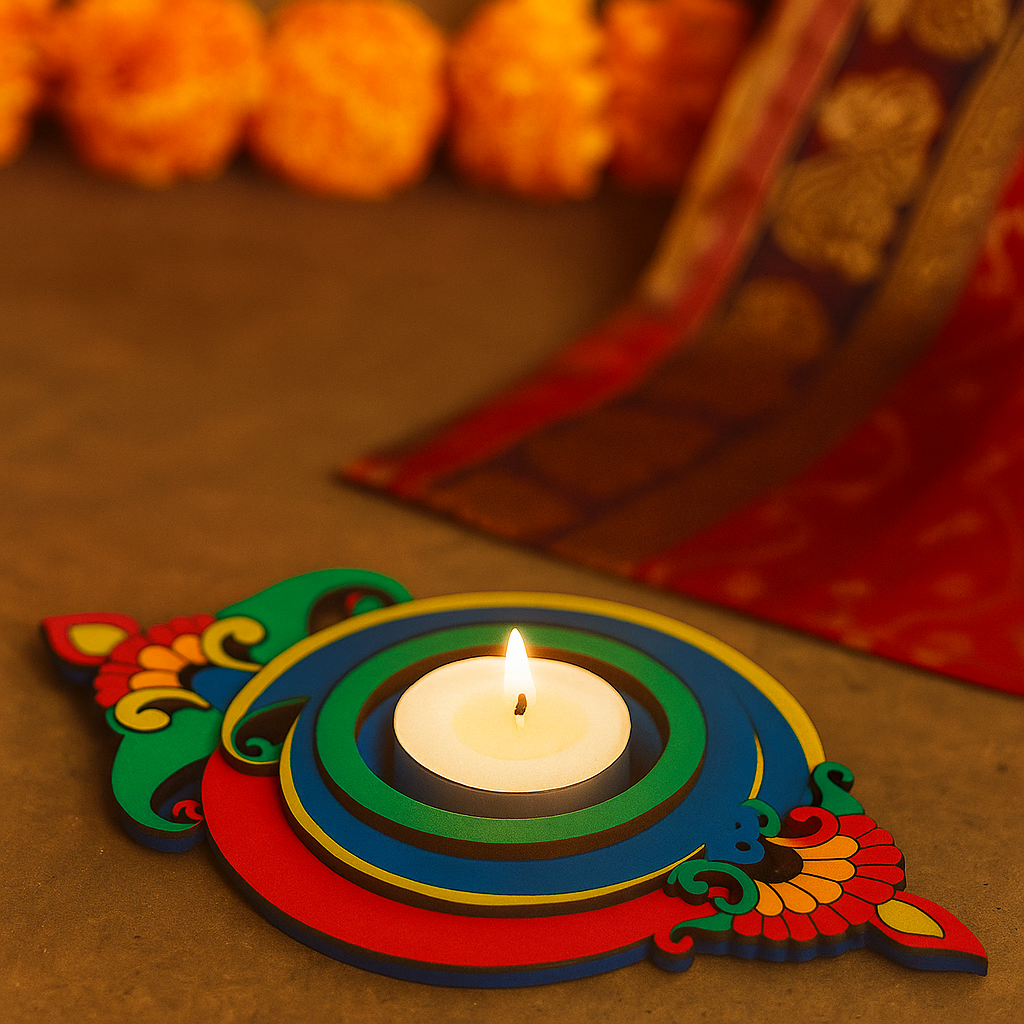 Decorative mdf candle holder with a lit candle on a brown surface, surrounded by marigold flowers.