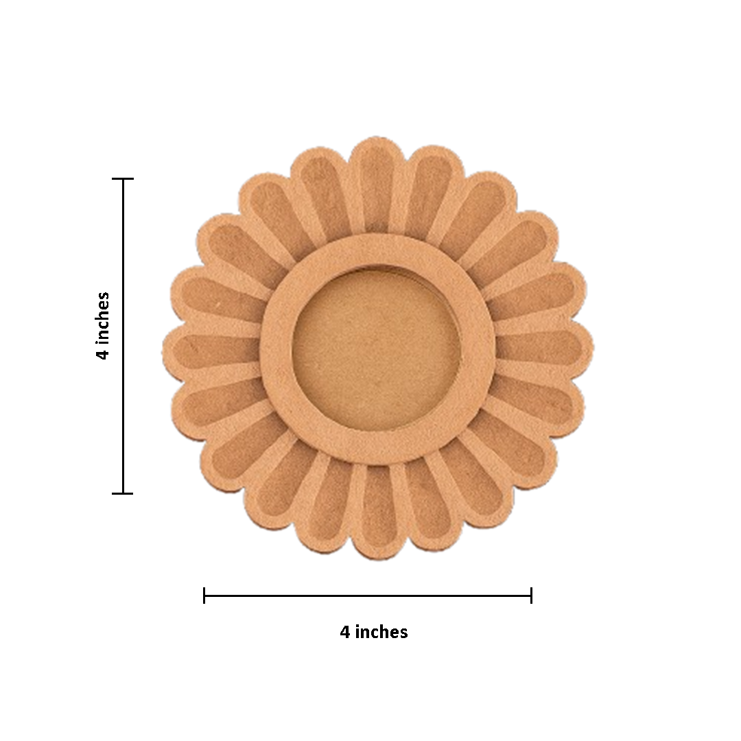 mdf sunflower-shaped tealight candle holder  with dimensions on a white background