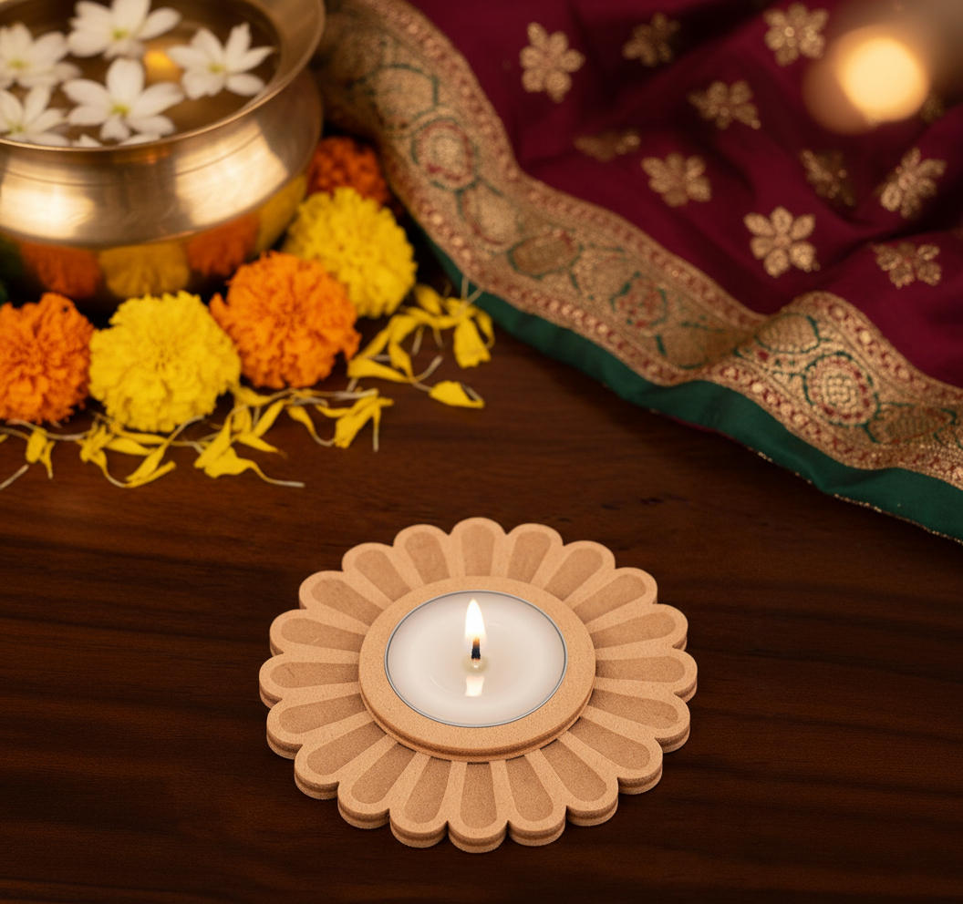 Decorative mdf tealight candle holder with a lit candle on a wooden surface with flowers and fabric.