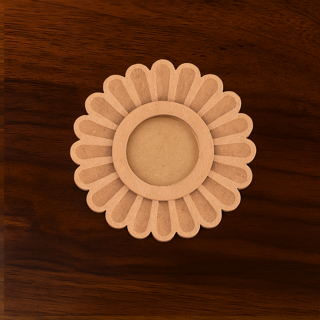 Unpainted MDF tealight holder in daisy flower shape with circular candle slot on wooden background