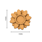 mdf sunflower-shaped shaped tealight holder with dimensions on a white background
