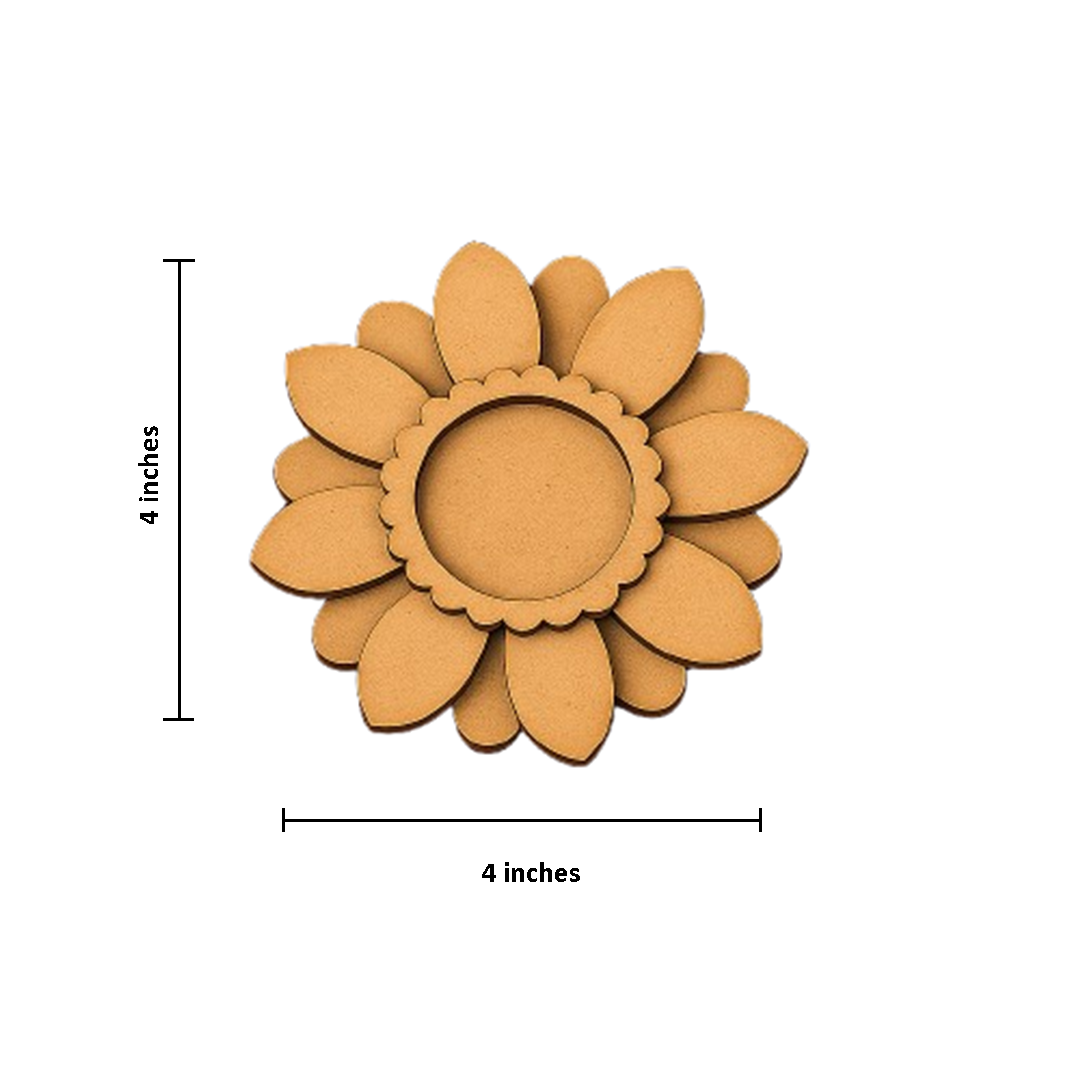 mdf sunflower-shaped shaped tealight holder with dimensions on a white background