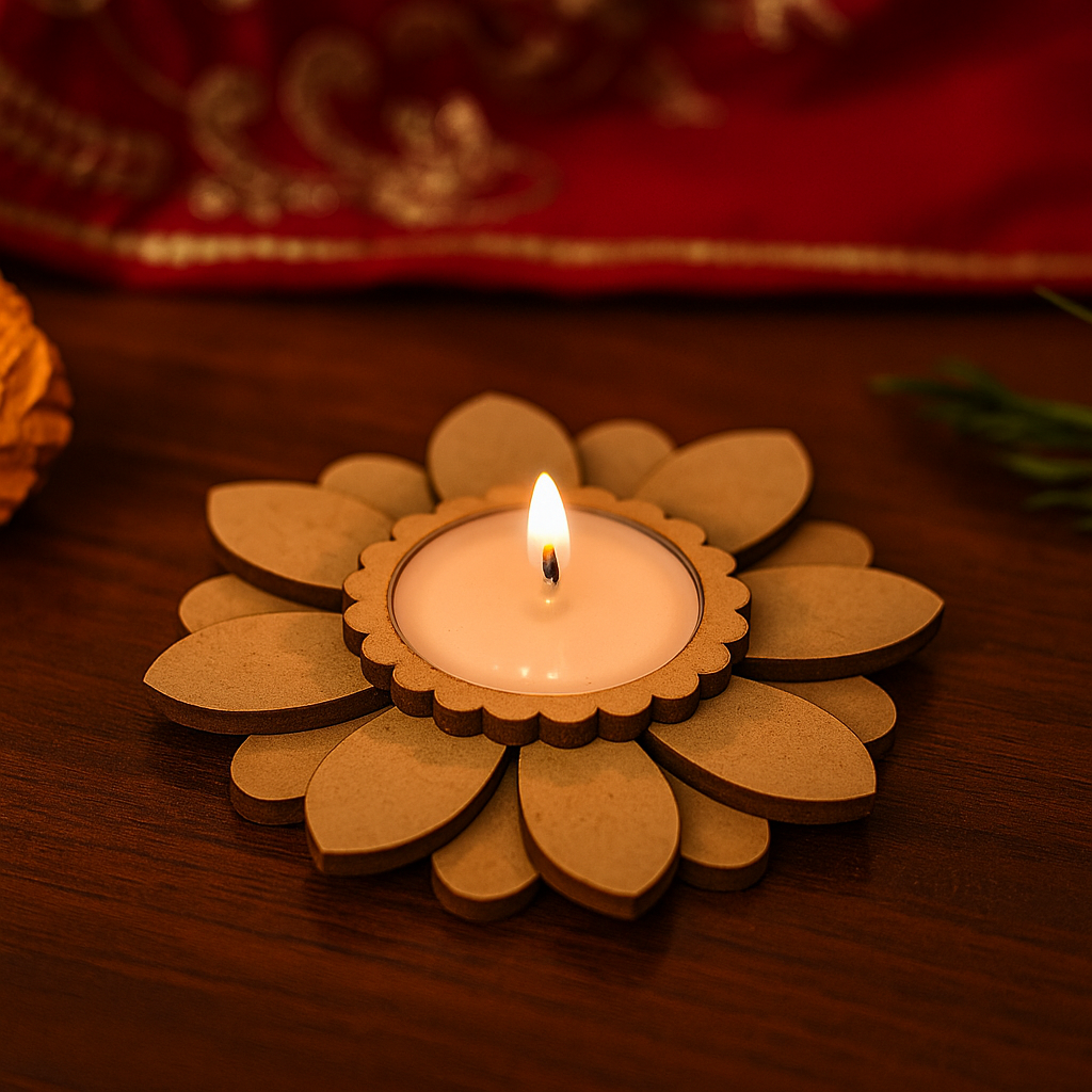Floral-shaped mdf candle holder with a lit candle on a wooden surface.