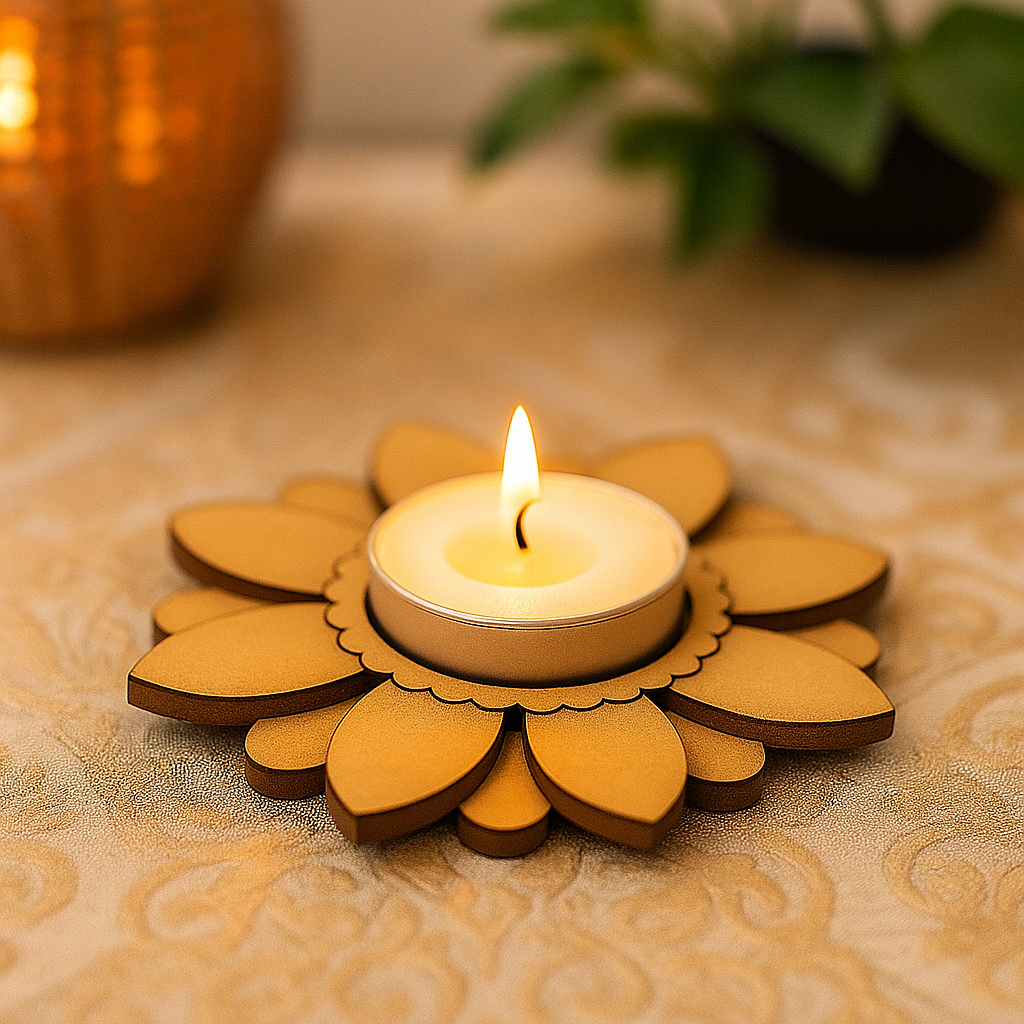 MDF DIY Floral-shaped wooden candle holder with a lit tealight on a textured surface.