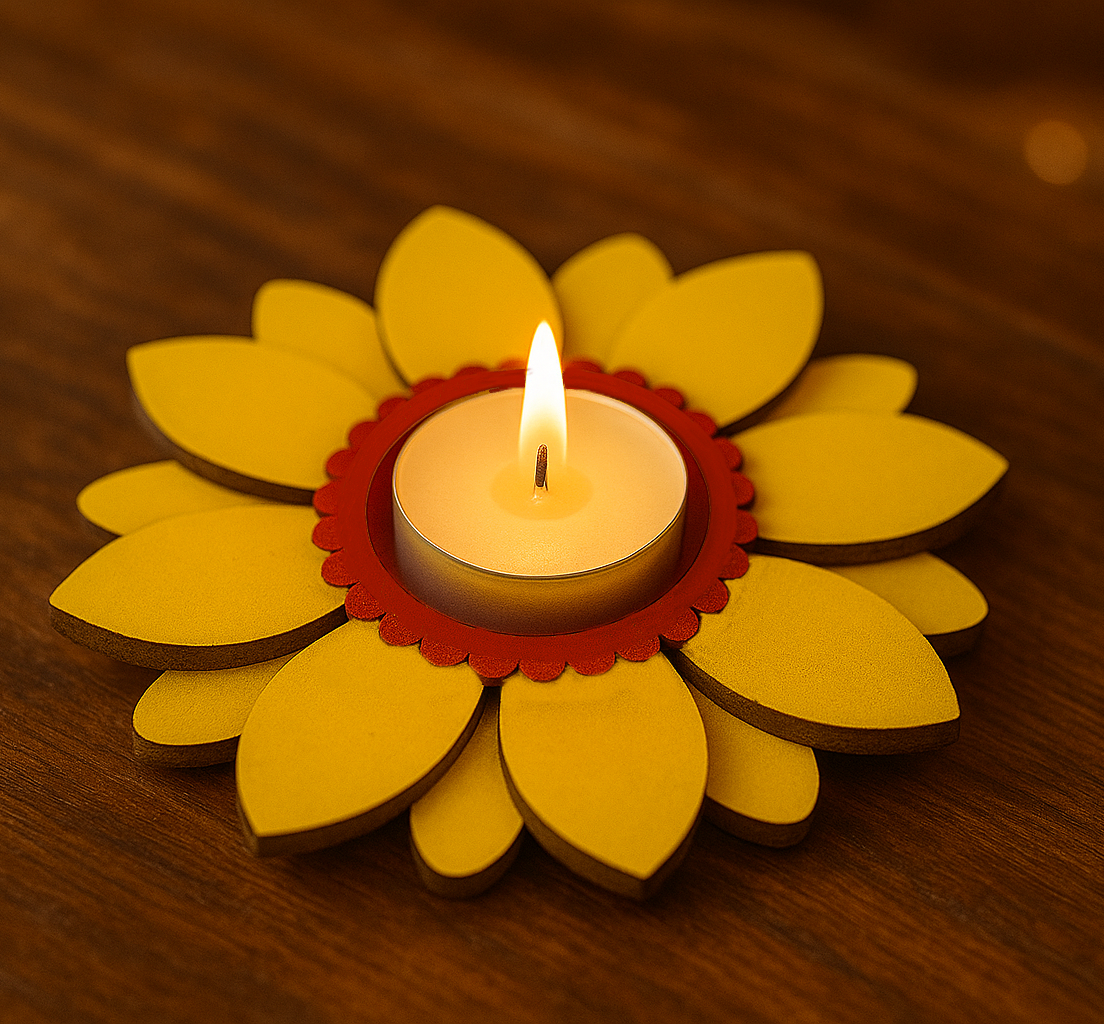 MDF DIY Candle in a sunflower-shaped holder on a wooden surface