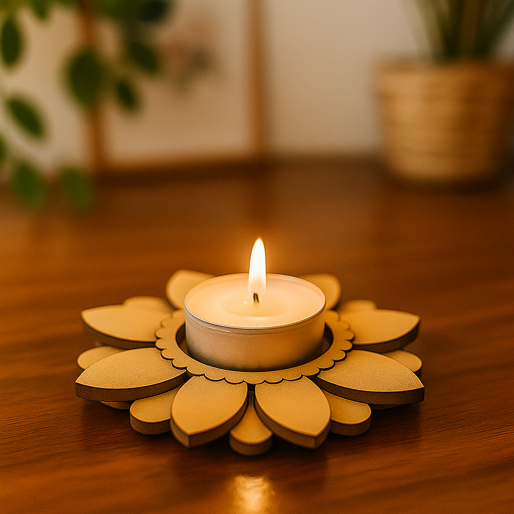 MDF DIY candle on a wooden lotus flower coaster on a wooden surface with a blurred background.