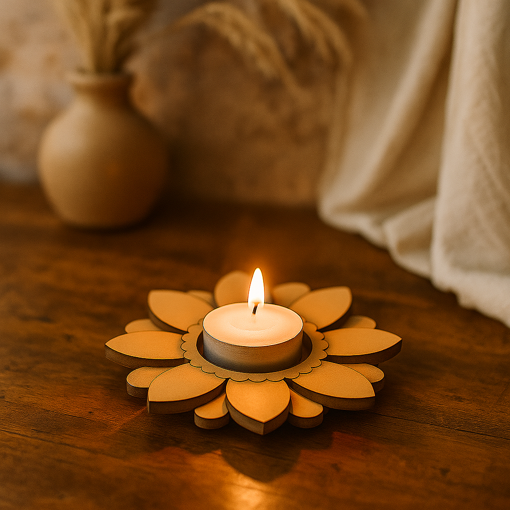 MDF DIY Candle in a decorative holder on a wooden surface with soft focus background.
