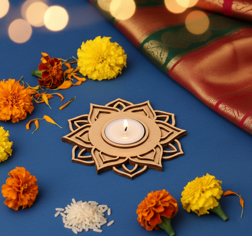 Decorative mdf candle holder with a lit candle surrounded by marigold flowers on a blue background.