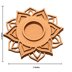 Decorative mdf sun-shaped tealight candle holder with measurements on a white background