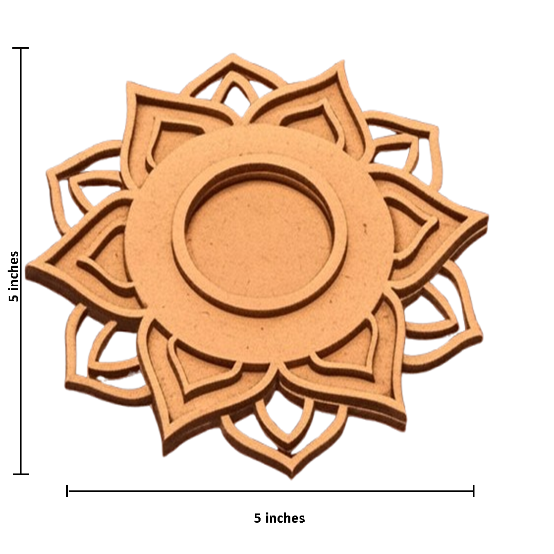 Decorative mdf sun-shaped tealight candle holder with measurements on a white background