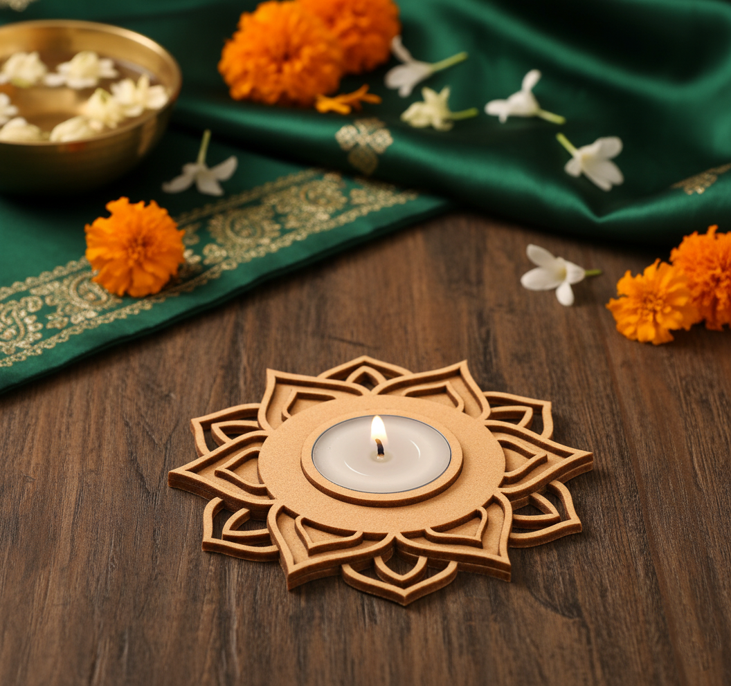 Decorative MDF tealight holder with a lit candle on a wooden surface with flowers and a green cloth.
