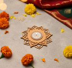 Decorative mdf candle holder with marigold flowers on a textured surface