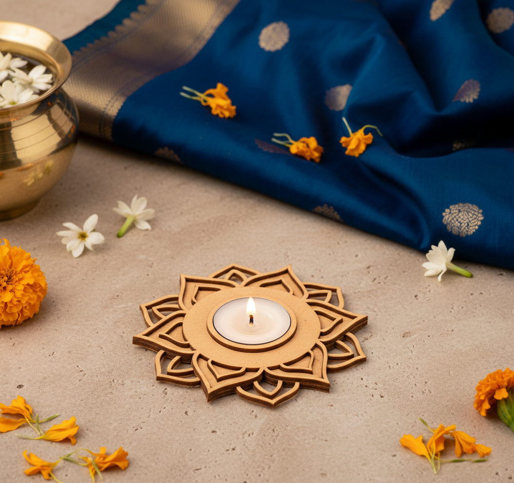 Decorative mdf candle holder with a lit candle on a beige surface, surrounded by flowers and a blue saree.