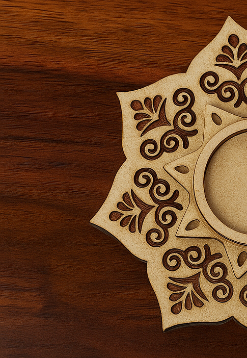 Decorative MDF tealight candle holder on a wooden surface