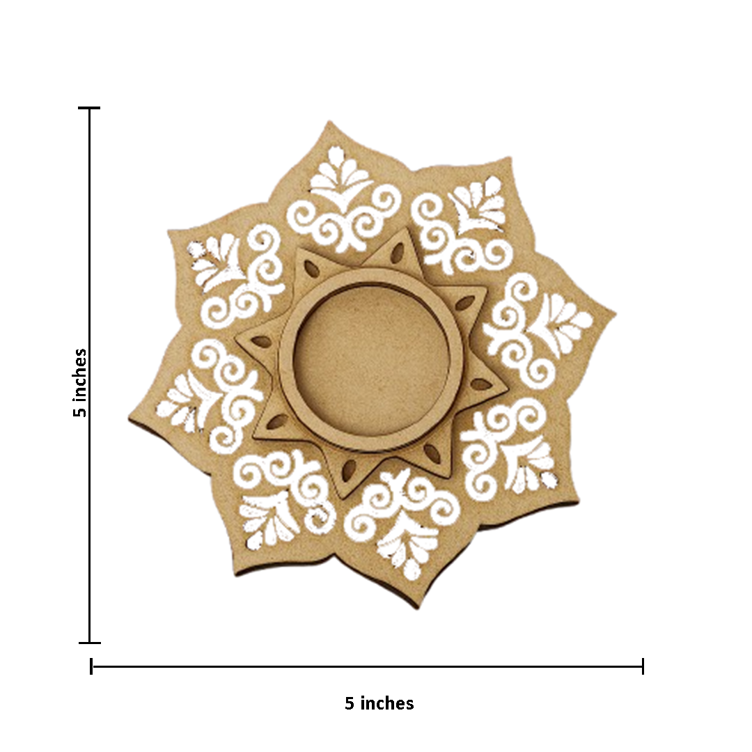 Decorative MDF tealight candle holder with floral patterns and measurements on a white background