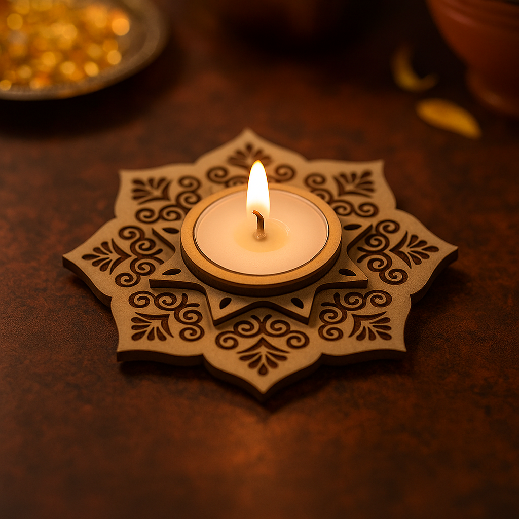 Decorative MDF candle holder with a lit candle on a dark surface