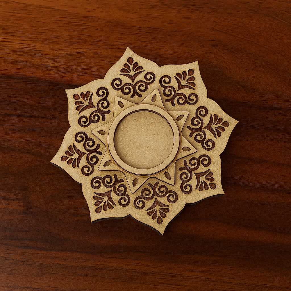 Laser‑cut 3‑layer MDF mandala‑style tea light holder on wooden surface, designed for tealight candles