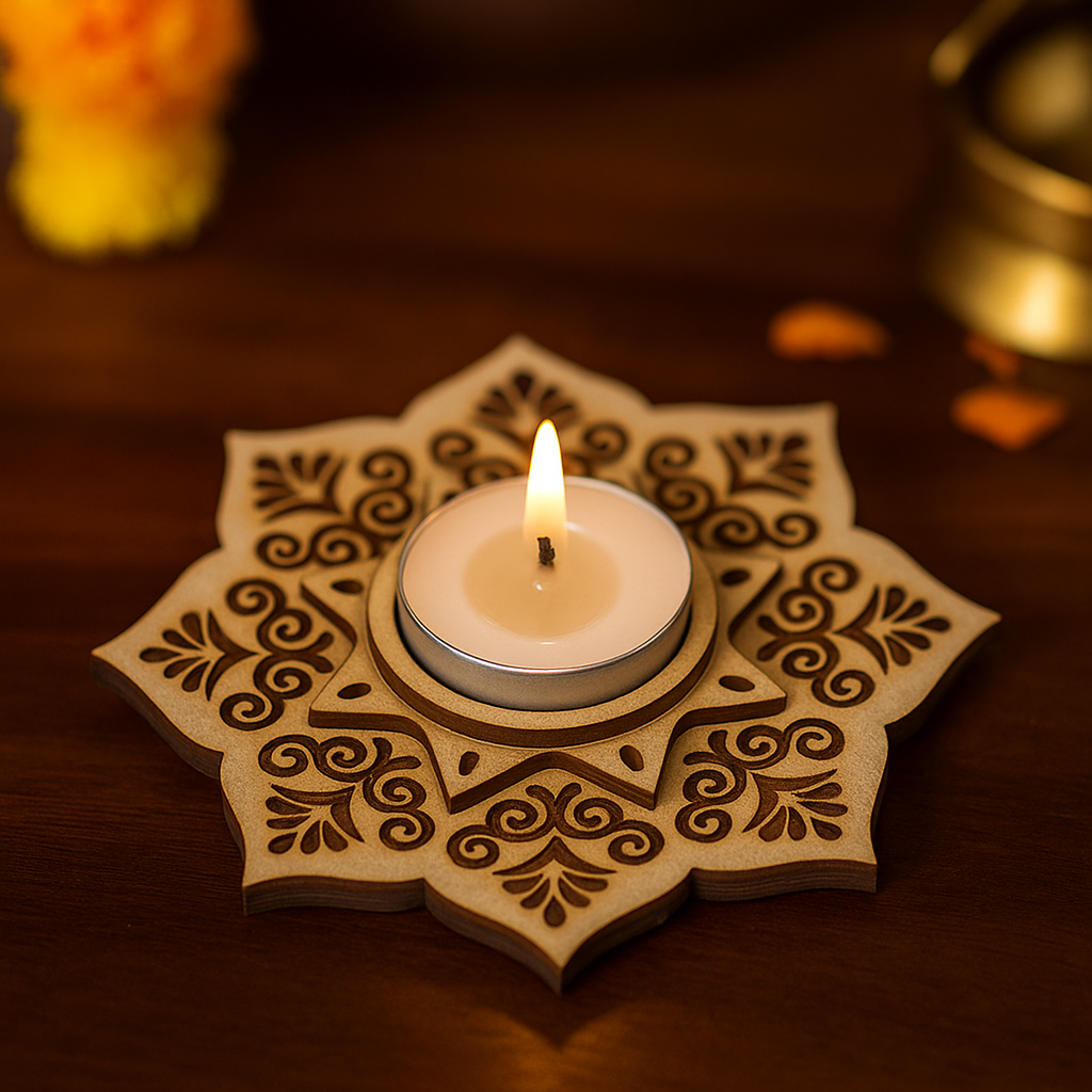 Decorative mdf candle holder with a lit candle on a dark background