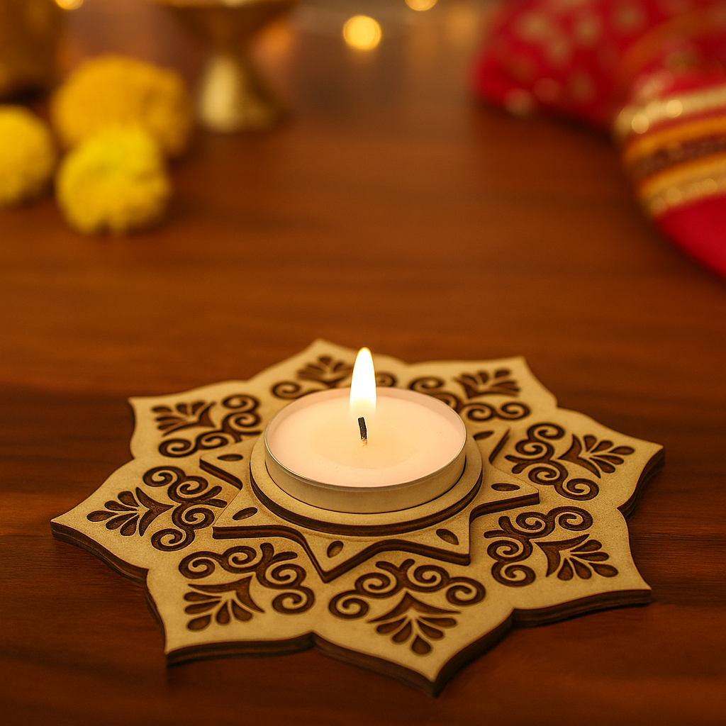 Decorative mdf candle holder with a lit candle on a wooden surface, surrounded by festive decorations.
