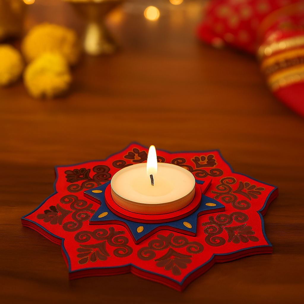 Decorative mdf candle holder with a lit candle on a wooden surface