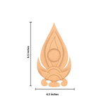Wooden leaf-shaped cutout with measurements on a white background