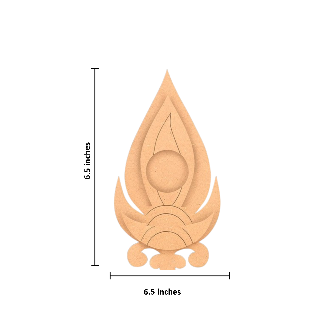 Wooden leaf-shaped cutout with measurements on a white background