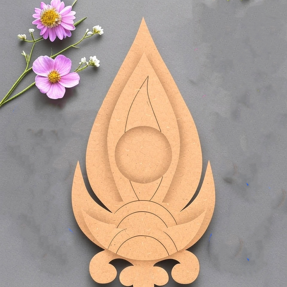 MDF diya-shaped laser-cut tea light candle holder with lit tealight, placed on grey background with pink flowers