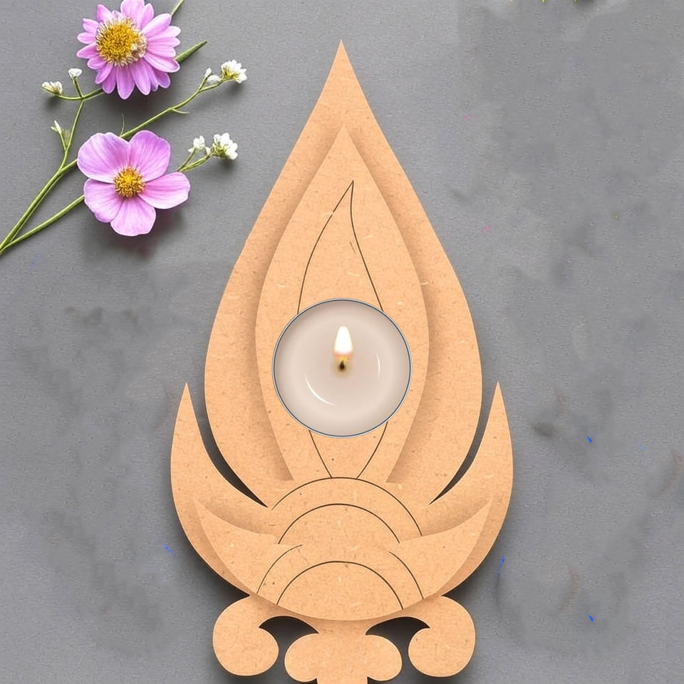 MDF diya‑shaped laser‑cut tea light candle holder on grey background with floral accent
