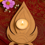 MDF Tealight candle holder with a lit candle on a red fabric background