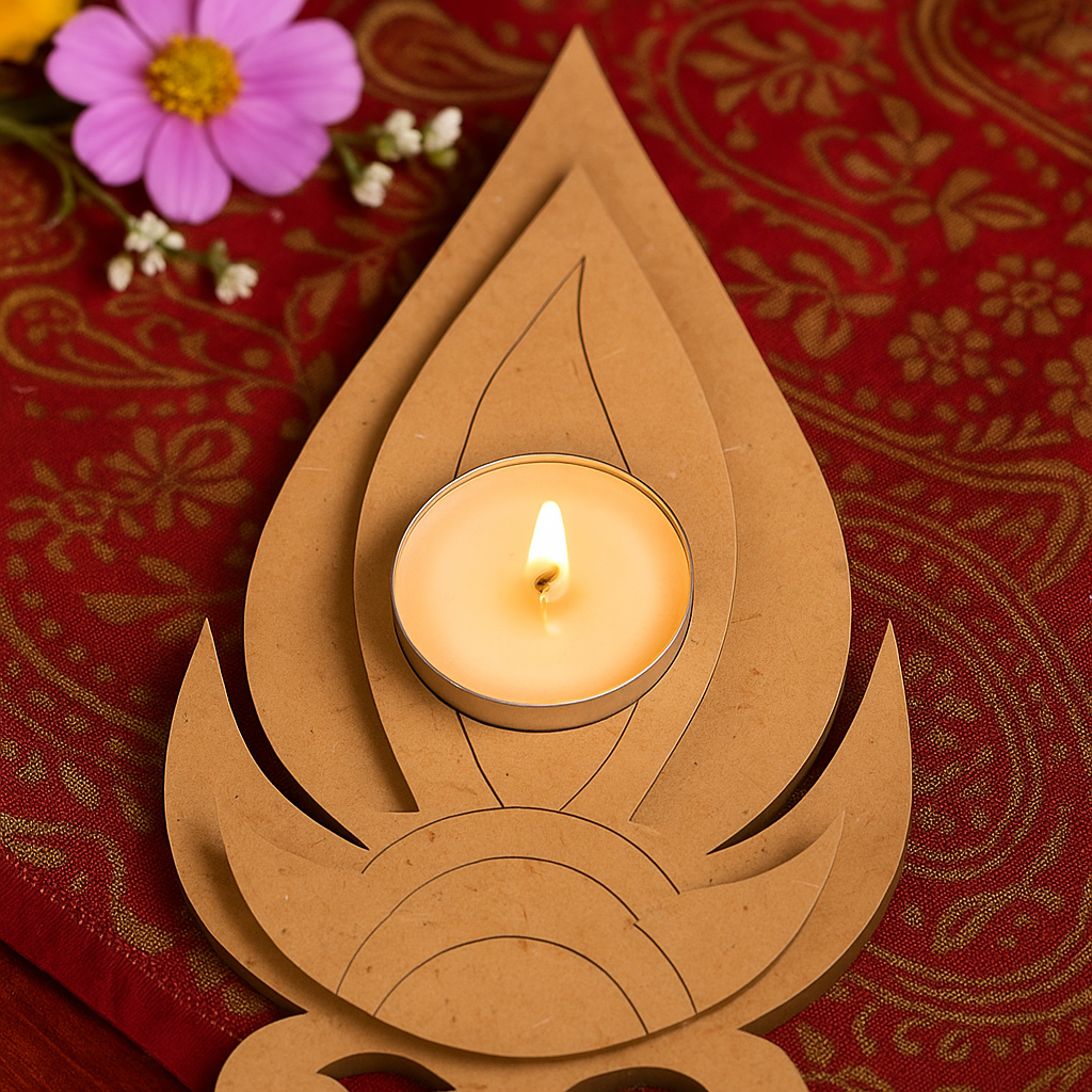 MDF Tealight candle holder with a lit candle on a red fabric background