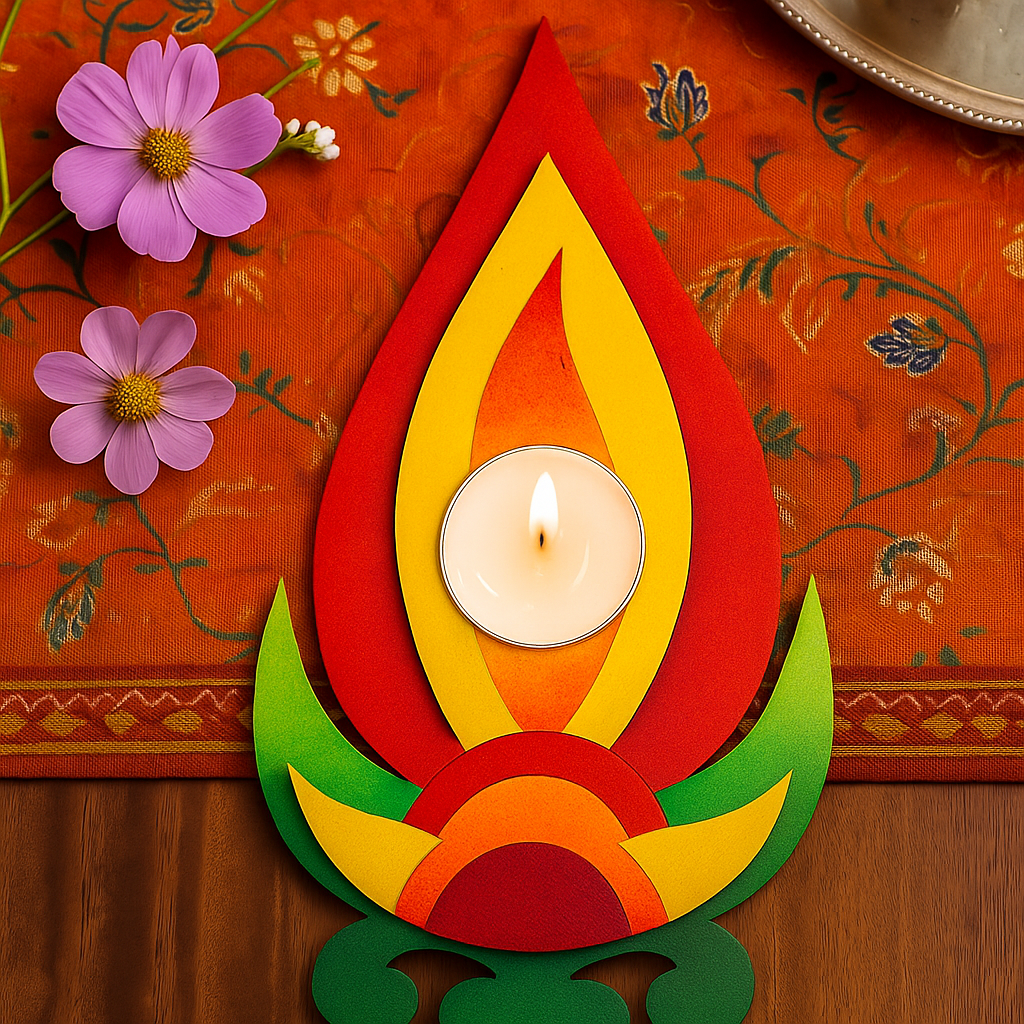Handpainted tealight candle holder on an orange floral-patterned fabric background