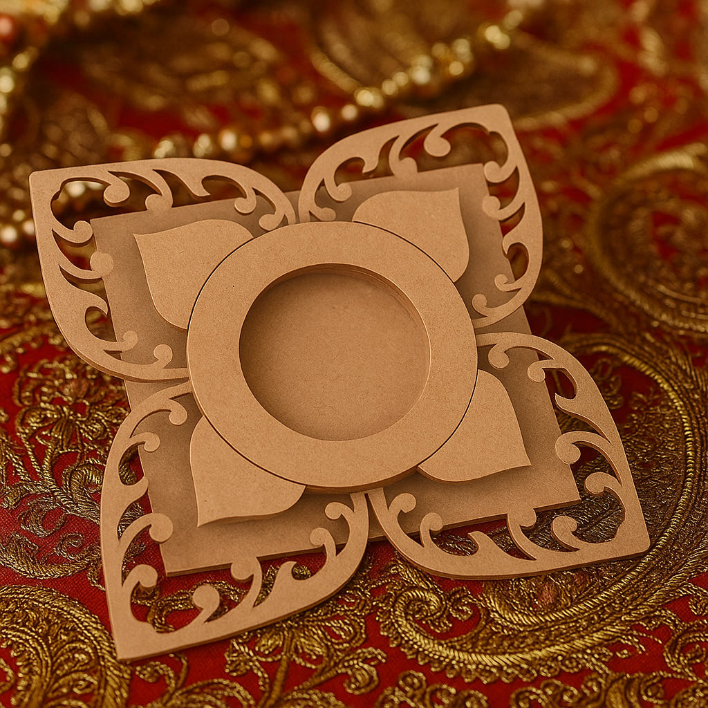 Laser-cut floral MDF tea-light holder with ornate petal design on decorative red and gold fabric