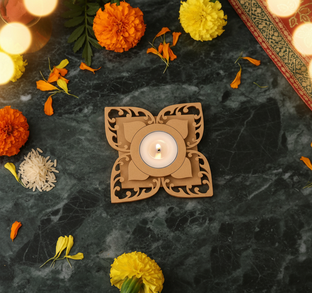 Decorative MDF candle holder with a lit candle surrounded by marigold flowers on a dark surface.