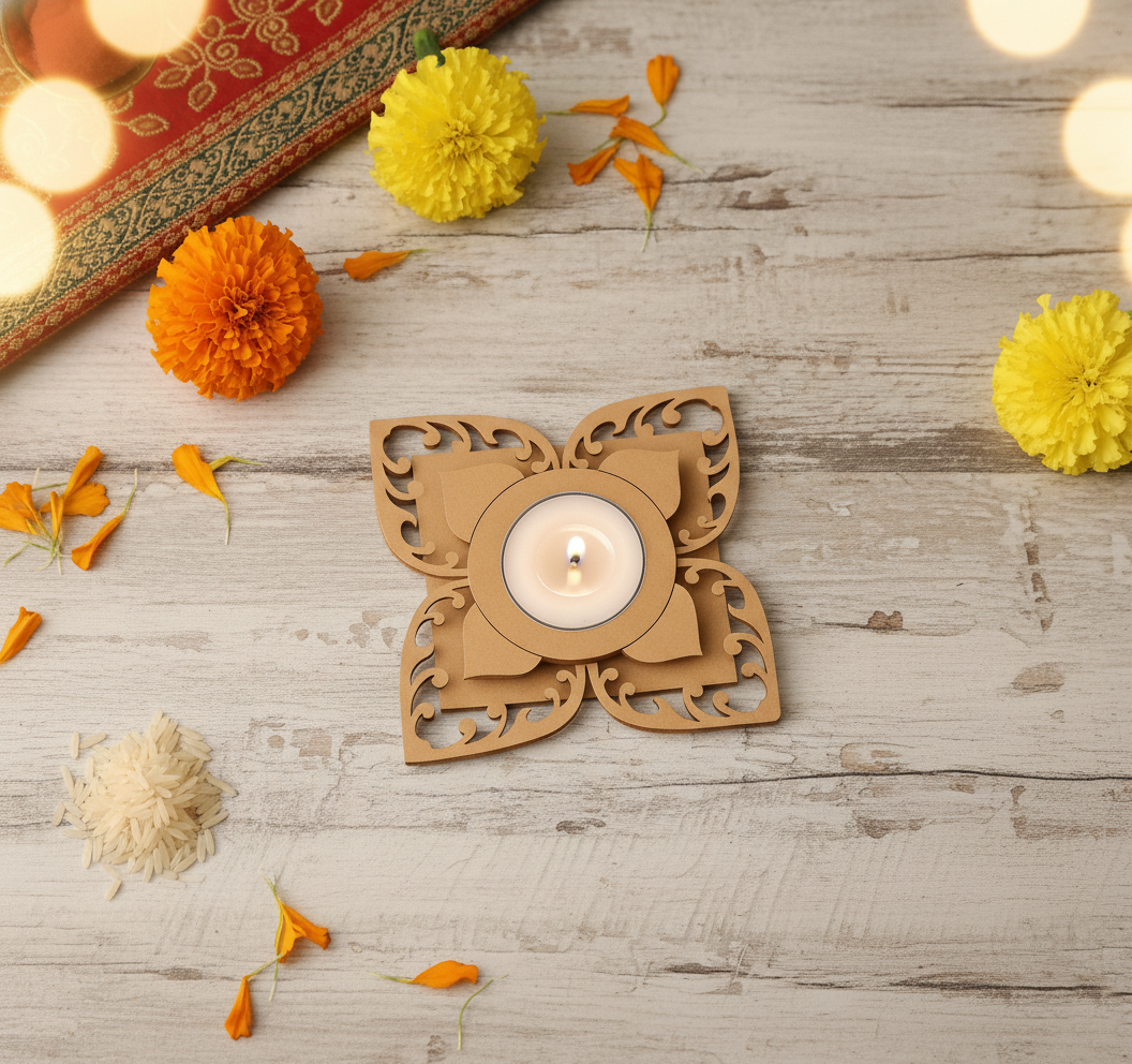 Decorative MDF candle holder with a lit candle on a wooden surface surrounded by flowers.