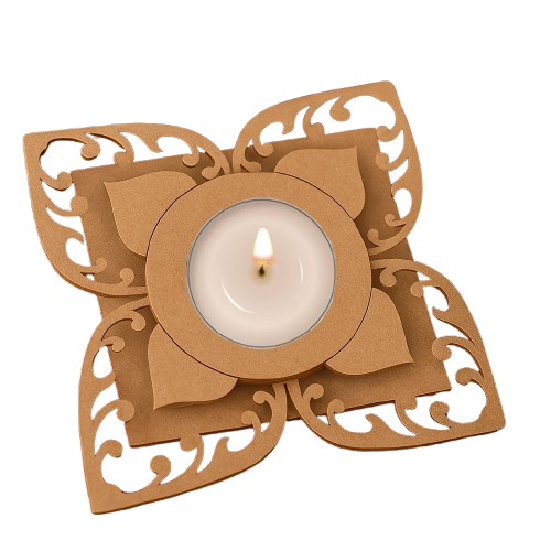 Decorative MDF candle holder with a lit candle on a white background